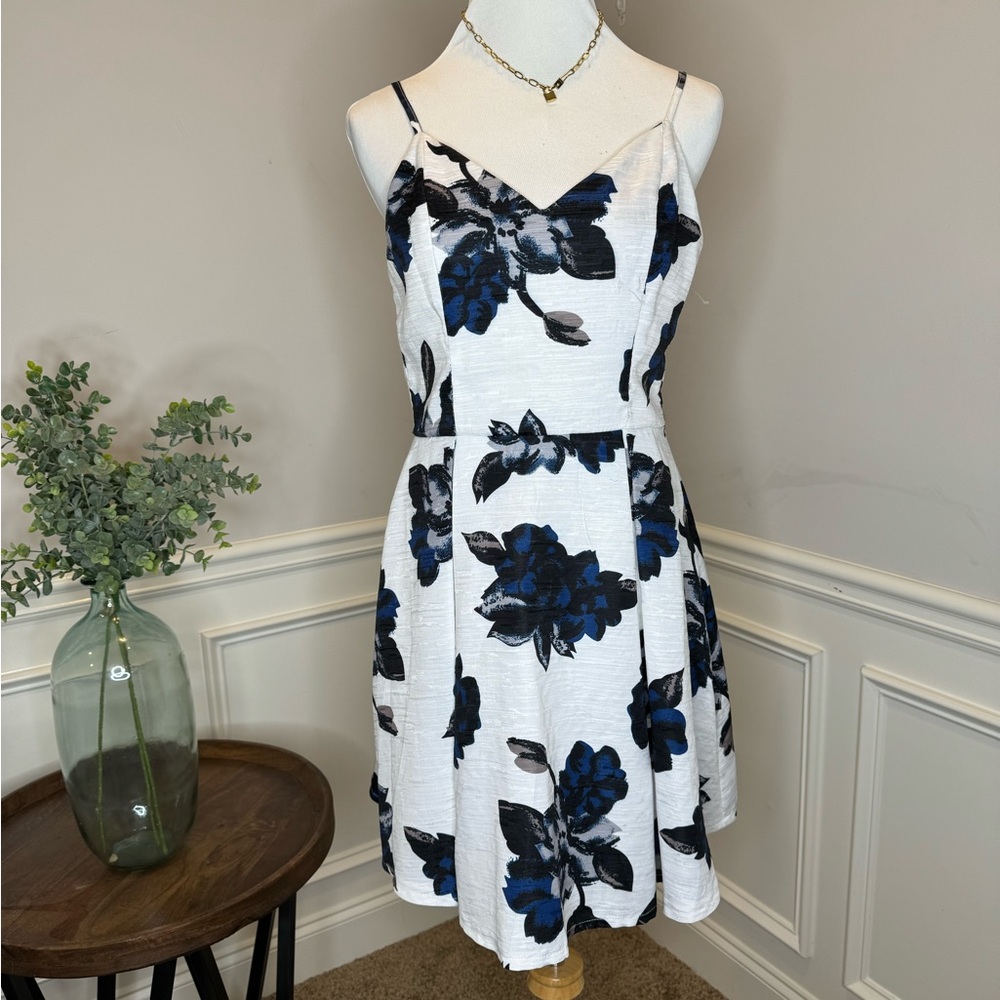 Navy Blue Floral A-Line Knee-Length Dress
